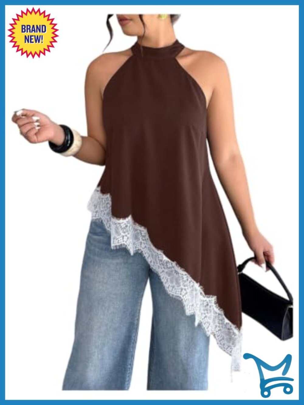 Satin Halter Top Plus Size Asymmetrical Lace Trim Mock Neck Sleeveless